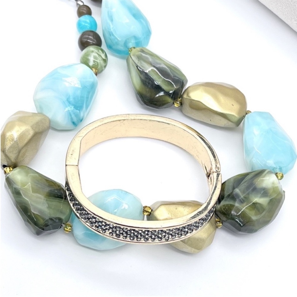 Gold+Rhinestone Hinge Bracelet & Blue+Green+Gold Chunky Beaded Collar Necklace